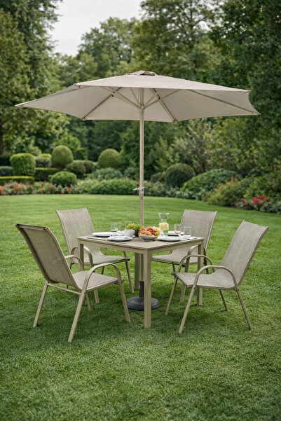 MARIA HOMES Luxury Outdoor Patio Dining Set 4 Seater Square Table with Umbrel...