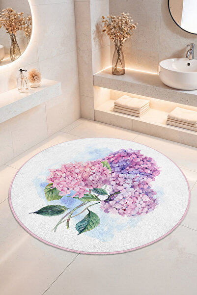 Home Renkli Ortanca Çiçek Desenli Kaymaz Tabanlı Yumuşak Dokulu Banyo Halısı