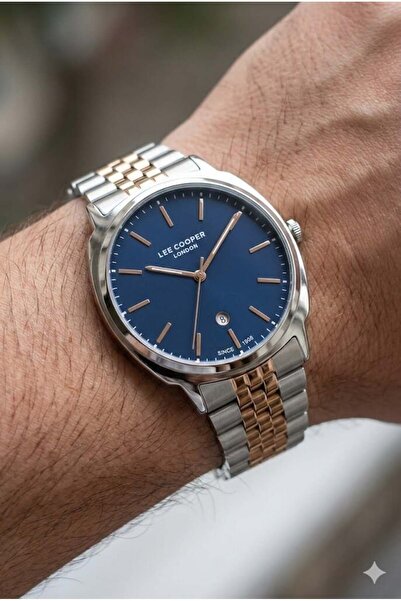 Lee Cooper 41mm Çelik Kasa Lacivert Kadran ,Çift Renk Çelik Kordon, Şık Erkek...