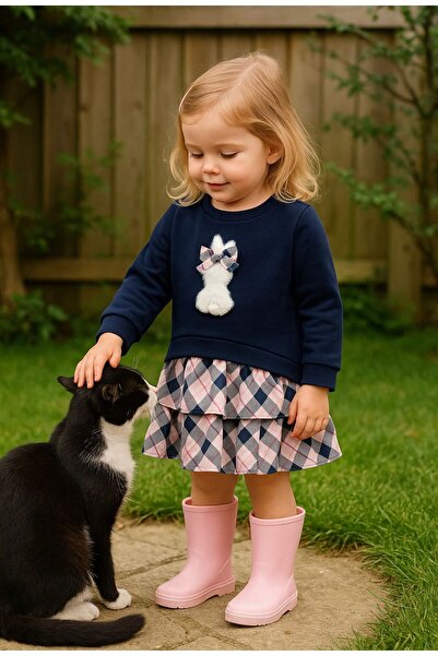 MAYORAL Kız Bebek Peluş Aplikeli Lacivert Pembe Elbise