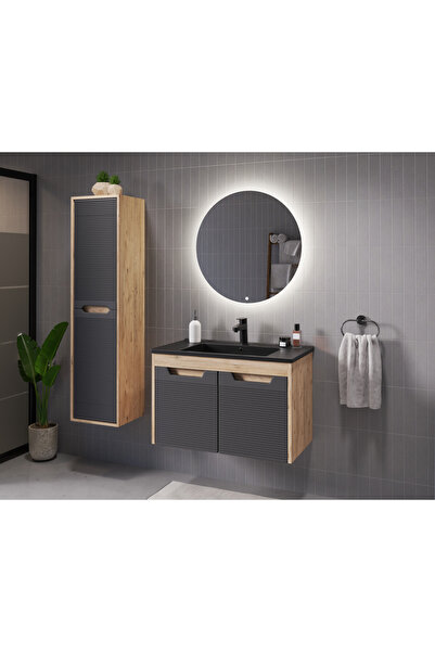 ROSEART BANYO SAFİR2 ANTRASİT MEŞE 80CM BANYO DOLABI SETİ AYNA + ALT MODÜL + ...