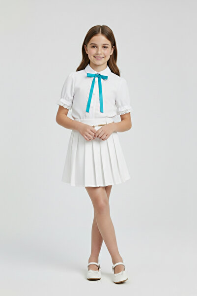 FATELLA Cămașă albă cu volane și fundă turcoaz pentru fetițe, set cu fustă pl...