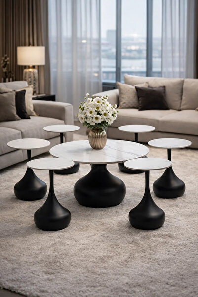 MARIA HOMES Stylish 7-Piece Ceramic Center Table Set with 6 Matching Side Tab...