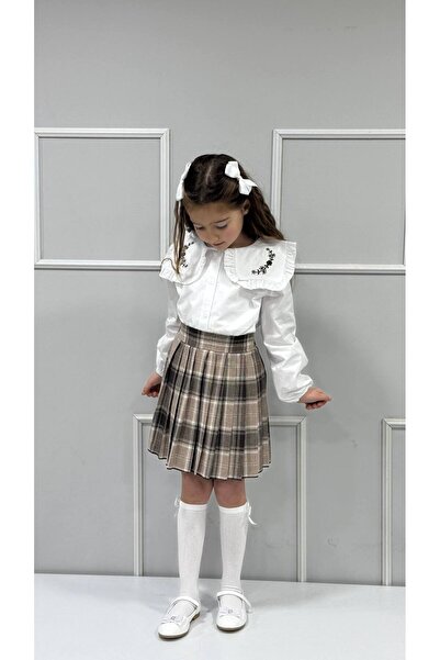 ARBİ kids Girl's Shirt Collar Stylish Plaid Skirt Suit
