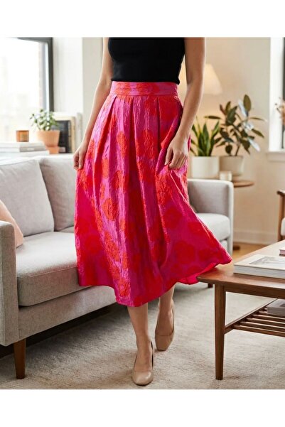 Suem Butik Çiçek Desenli Saten Midi Etek