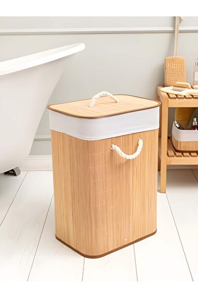 Arnohome Black bamboo laundry basket with lid and rope handles - 40×30×57 cm