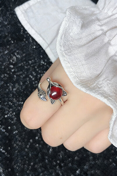 Shylyn Gümüş Kaplama Bakır Kızıl Taşlı Tilki Desenli Açık Yüzük Seti