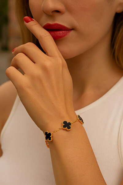 GWOMA Kadın Erkek Çelik Bileklik - 4 Yapraklı Yonca 5'li Siyah Oniks Taşlı Al...