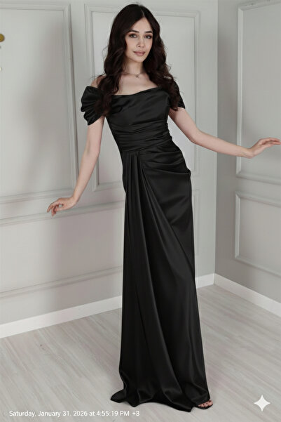 renk abiye Red Draped Detailed Satin Fabric Evening Dress