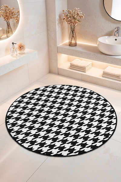 Home Siyah Beyaz Kazayağı Desenli Kaydırmaz Taban Yumuşak Yüzeyli Banyo Halısı