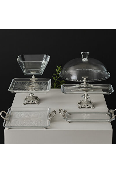 ÇNR Home Collection 6 Piece Cast Iron Footed Glass Level Set Silver