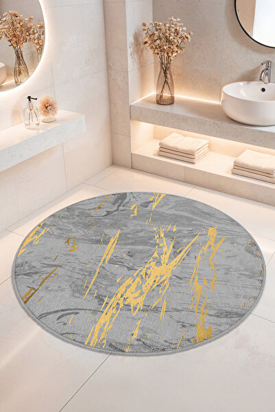 Home Soyut Sarı-Gray Desenli Kaymaz Tabanlı Yıkanabilir Banyo Halısı
