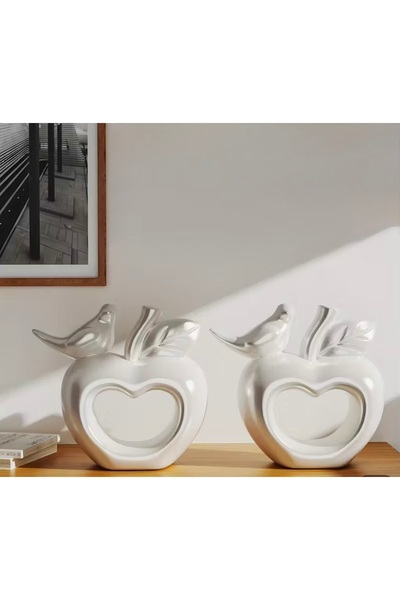 LİSYANTUS HOME kalpli kuşlu dekoratif obje" elma biblo’’ modern heykel"