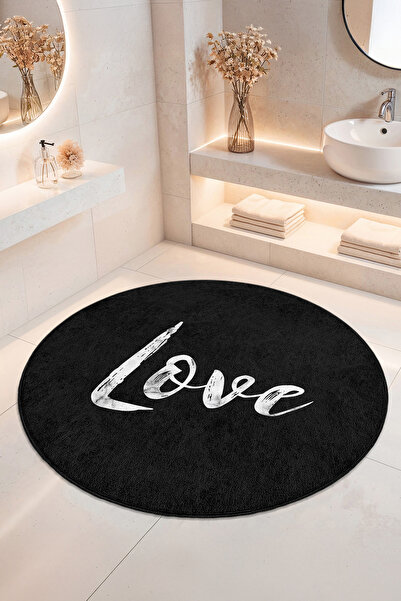 Home Siyah Arka Planda Love Yazılı Kaymaz Tabanlı Yıkanabilir Banyo Halısı