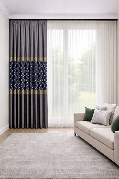 PERDE MERKEZİ Püsküllü Lacivert Gold Gri Pano Fon Perde Salon Ve Misafir Odal...