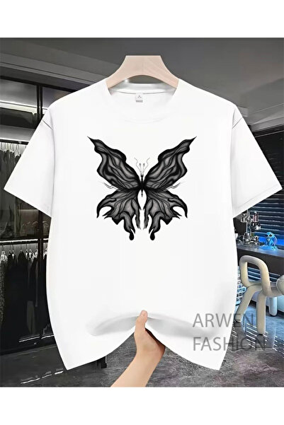 LELVANİ Unisex Black Butterfly Pattern Printed Tshirt