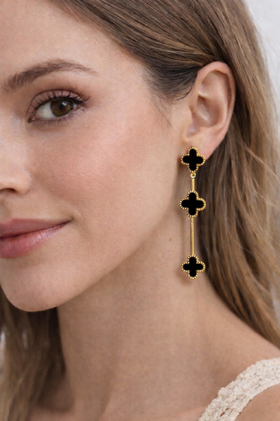 Takium Siyah Yonca Zarafeti Gold Kadın Küpe