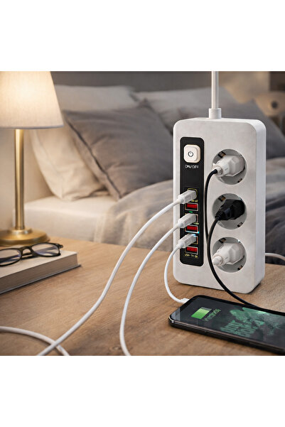 SMAYLİNG 3500W Akım Korumalı 3’lü Priz | 2 Type-C + 4 USB Girişli | Açma Kapama Anahtarlı | 2 Metre Kablolu