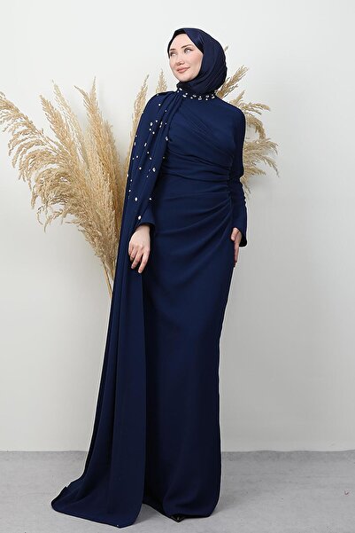 GİYZAMİLA Ayçin Crepe Evening Dress Navy Blue