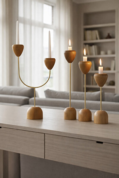 Woodya İkili ahşap telli şamdan set 4 parça Gold