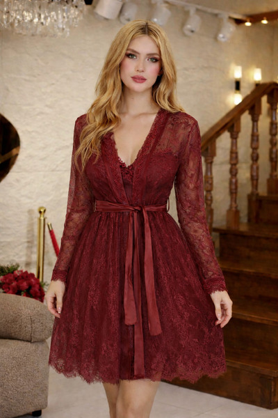 Olyssia Set elegant de halat și cămașă de noapte pentru femei, cu dantelă și ...