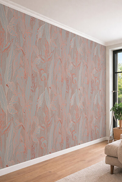 dreamwall Rose Gold Detaylı Gri Tropikal Yaprak Desenli Tek Parça Tekstil Duv...
