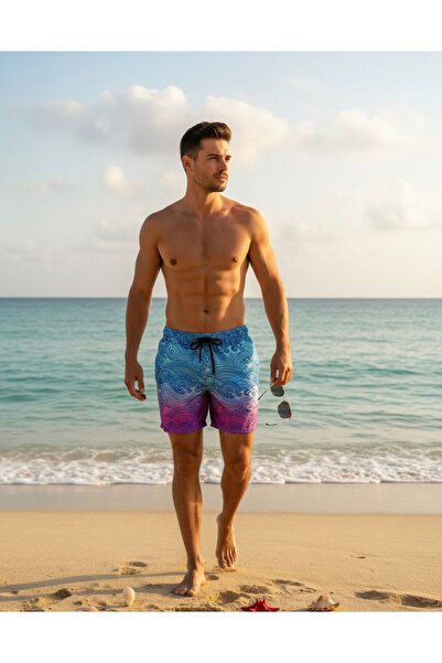 İLBESSPORT Erkek Mavi Dalgalı Deniz Şortu