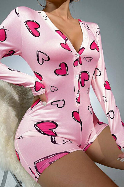 Afitapbutikmoda Uzun Kollu V Yaka Dügmeli Pijama Şort Tulum