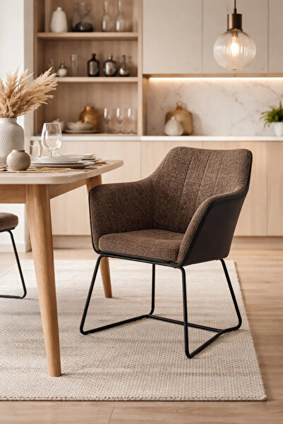 MARIA HOMES Modern Industrial Brown Fabric Dining Chair with Black Faux Leath...