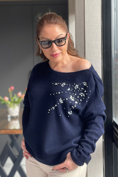 MİSLİNA BUTİK Taş Detay Lacivert Kazak