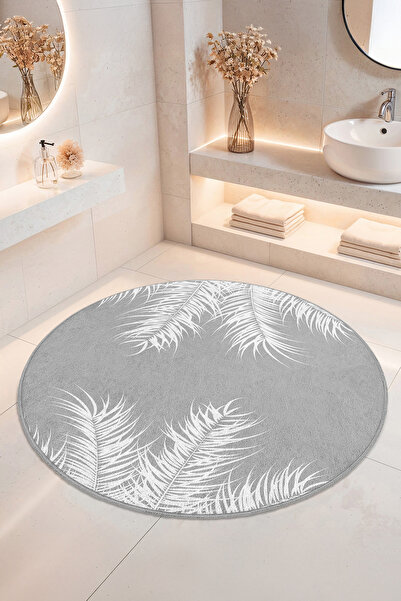 Home Beyaz Yaprak Desenli Kaymaz Tabanlı Yıkanabilir Banyo Halısı