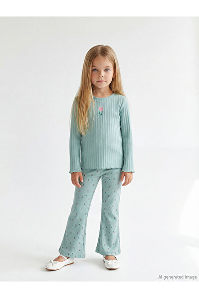 LC Waikiki Tricou și colanți pentru fete, brodați, cu guler rotund, verzi, LC...