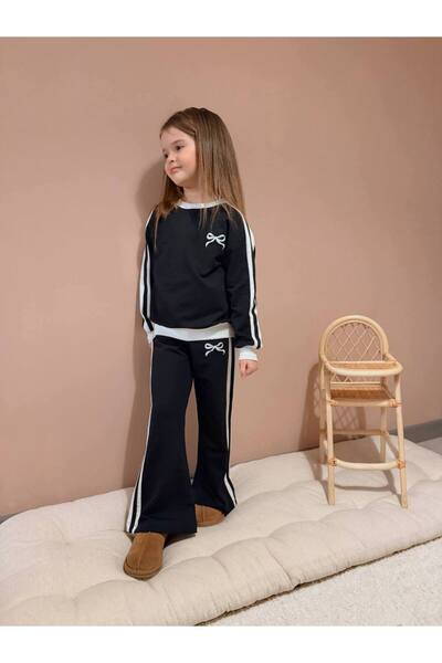 ARBİ kids Girls' Ribbon Embroidered Striped Loose-Fitting Two-Piece Set