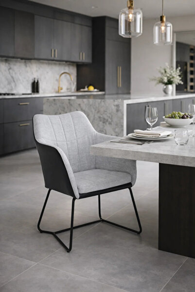 MARIA HOMES Stylish Grey Fabric and Black Leather Dining Armchair with Metal ...