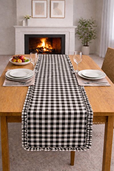 ŞAH TEXTILE DESIGN siyah Pötikare fırfırlı duck keten vintage runner 40x150