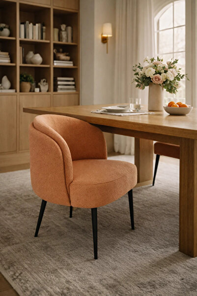 MARIA HOMES Stylish Orange Boucle Dining Chair Black Metal Legs Soft Sherpa A...