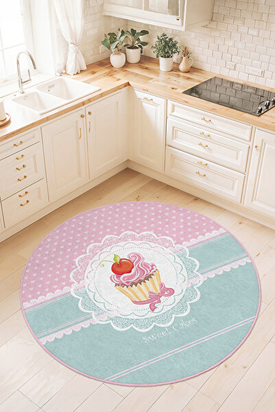 Home Pembe Krem Renkli Pasta Desenli Yıkanabilir Kaymaz Taban Mutfak Halısı