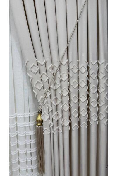 Fon Dünyası Linen Textured Feathered Cream Panel Background Curtain (Single P...