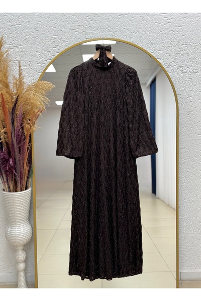 BENAHOLL Gülhan Glittery Wave Patterned Balloon Sleeve Dress-Pa9818 Brown