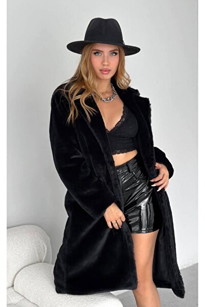 Hey Butik Kürk Kaban Tavşan Tüyü Siyah Astarlı