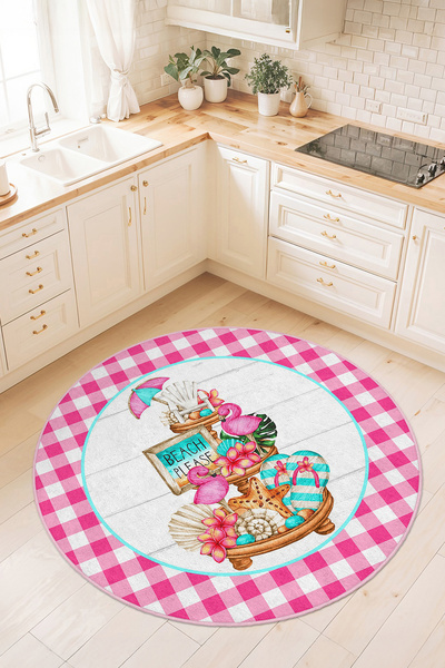 Home Pembe Kare Desenli Flamingo ve Plaj Motifli Kaymaz Taban Mutfak Halısı