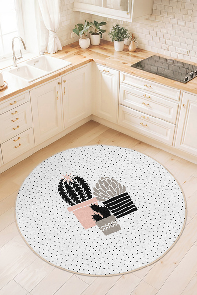 Home Kaktüs Deseni ve Siyah Beyaz Sıra Dots Motifli Kaymaz Taban Mutfak Halısı