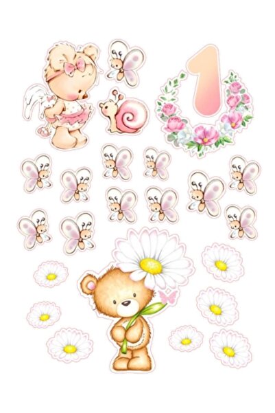 Decoratiuni Dulci Teddy bears, pink butterflies and daisies | edible image fo...