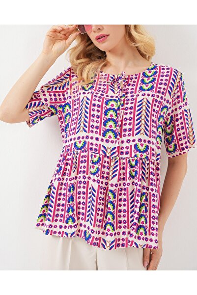 Modamorfo Women's Patterned Short Sleeve Blouse 969 - Fuchsia