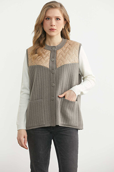 Sementa Zero Collar Quilted Buttoned Knitwear Vest - Mink