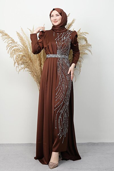 GİYZAMİLA Yonca Cape Evening Dress Bitter Brown