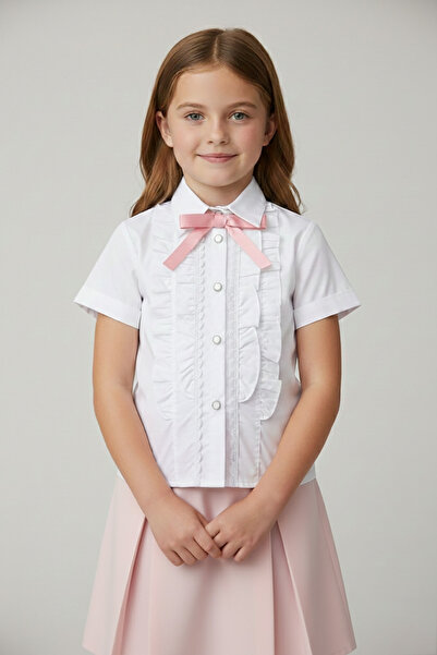 nacar çarşı Devojčina ružičasta mašna sa volanima Čipka Detaljna bela košulja...