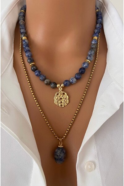 TARZ-I TAKI (2 Pendants) Natural Stone Blue Sodalite Stone Steel Chain Double...