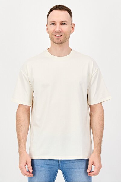 Fudo Men Crew Neck Solid Short Sleeve T-Shirt, Warm Ivory