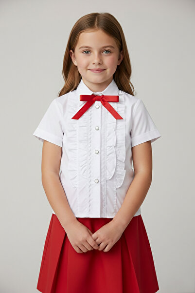 nacar çarşı Kız Çocuk Kırmızı Fiyonklu Fırfırlı Dantel Detaylı Beyaz Gömlek 2...